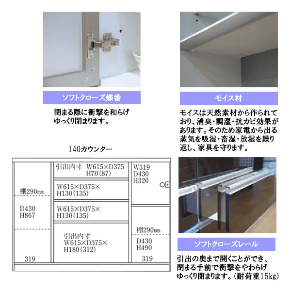 キッチンカウンター【エデン 140カウンター】日本製 レンジ台 リビング キッチン収納 引出し 台所 幅140 ill-10134545 アイルインテリアプランニング サンプル画像2