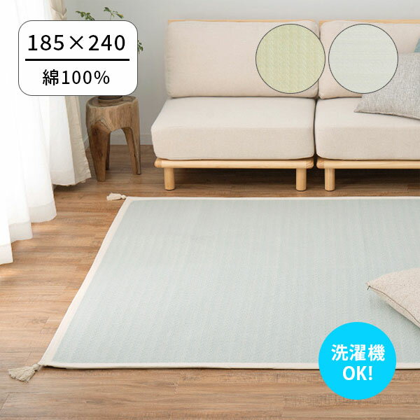 176 cm X 261 cm - 【インド綿ラグ アルト 約185×240 BL/GR】タッセル付き 洗濯OK 滑り止め 約3畳 リビング フローリング モダン おしゃれ シンプル カーペット 長方形