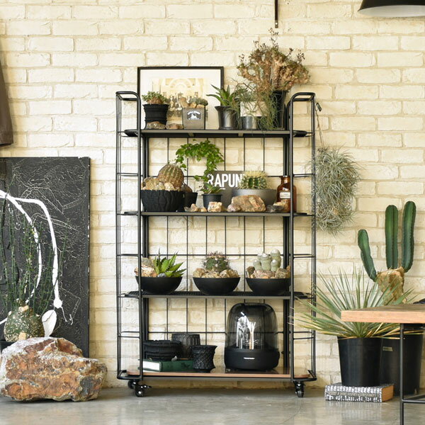 [LD シェルフラック80] 棚 飾り ディスプレイ メッシュ プラント台 植物 おしゃれ シンプル 木目 黒 男..