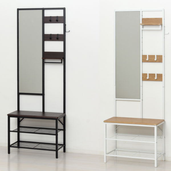 身支度 小物 すっきり収納 服 靴 帽子 かばん ちょい置き 【多機能ハンガーラック ミラー付 ブラウン(6..