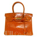 【中古】HERMES エルメス バーキン30 024954CC-93 クロコダイル ポロサス オレンジ ゴールド金具 □M刻 ブランドバッグ ハンドバッグ トー...