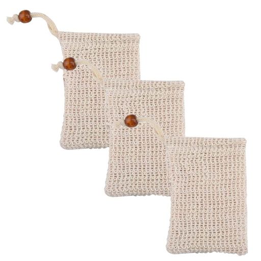 YFFSFDC泡立てネット石鹸ネット石鹸袋巾着袋石けんセーバーバッグポーチメッシュ洗顔洗顔料用お風呂泡立て天然素材綿麻ナチュラル壁掛け用リング付き3個セット