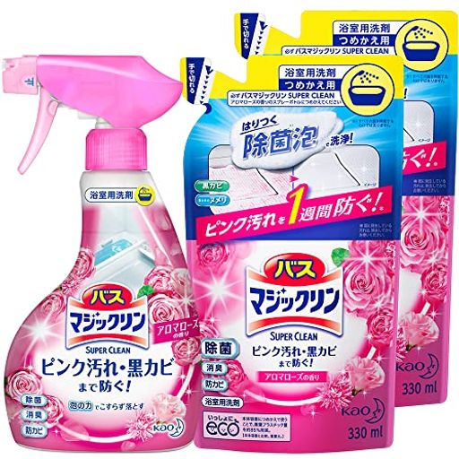 【まとめ買い】バスマジックリン泡立ちスプレーSUPERCLEANアロマローズの香り本体x1個+替x2個
