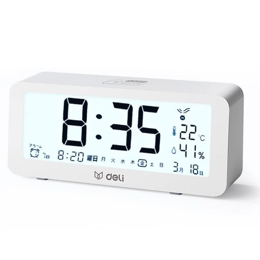 DEELI目覚まし時計電波時計メーカー2年保証大きくで明るく、見やすいデジタル時計で温度湿度表示多機能デジタル時計静音スヌーズ機能ファッショナブルな外観簡単な操作で置き時計(優雅な白)
