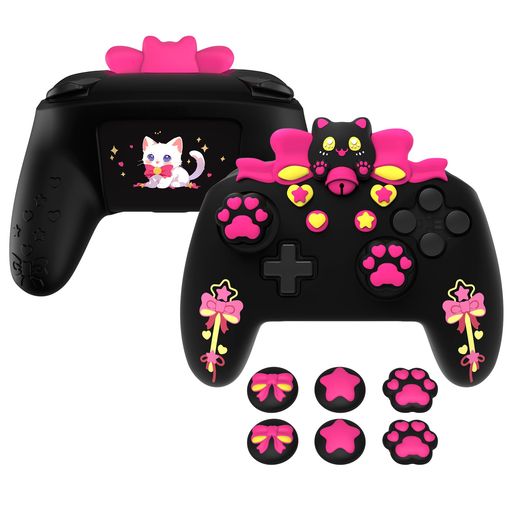 PlayVitalSweetheartKittyシリコンカバーSwitchProコントローラー対応用–可愛い滑り止めグリップカバー、スイッチプロコン対応用ジョイスティックグリップや保護シリコンケース【ブラック】
