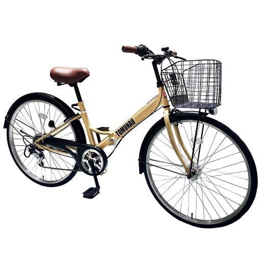 TOMONAUシティサイクルママチャリ折り畳み自転車26インチ6段変速LED自転車ライト折りたたみ自転車ひし形フレーム、強力な耐荷重乗りやすい(ホワイト)