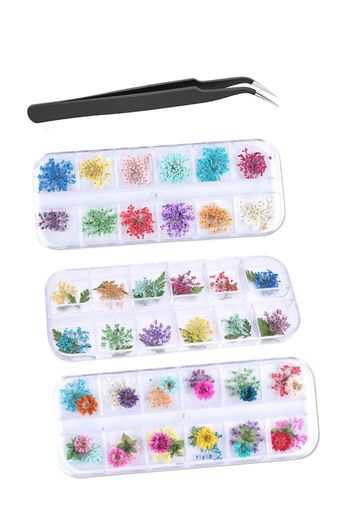 YFFSFDCネイルアートパーツドライフラワーネイル押し花36種類3ボックセットドライフラワーレース3Dネイルデコ用DIYネイルパーツ押し花透明収納ケース付きピ...