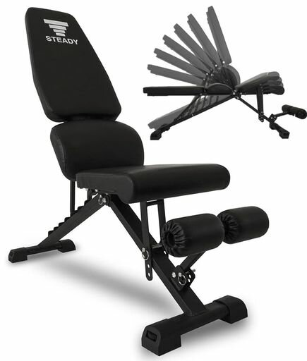 STEADYトレーニングベンチ【耐荷重300kg/背面x座面の角度調整/折畳み可/独自構造の腰保護パッド】ベンチ腹筋背筋インクラインベンチ筋トレ足固定ダンベルベンチプレスローマンチェアST140…