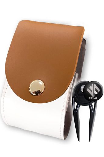 FOLGゴルフボールケースグリーンフォークマーカーセット【ベルトに簡単取付】ボール2個収納PUレザー(ブラウングリーンフォークセット)