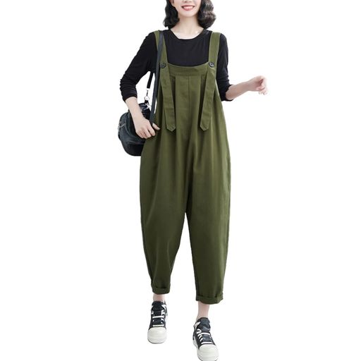 [Icyrain]サロペットレディースパンツオーバーオール作業ズボンオールインワンロングパンツゆったり体型カバー着痩せポケット付き日常通勤お出かけ(グリーンフリー)