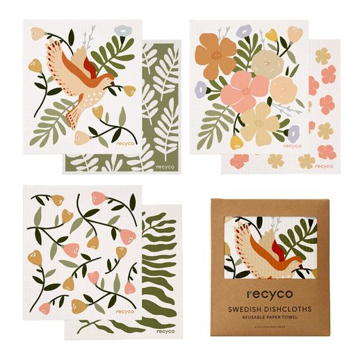 Recycoセルロースふきんキッチンクロス6枚セット天然繊維17x19cm防臭台拭きスポンジワイプ鳥&花ぐんぐん吸水速乾耐久性キッチンタオル抗菌断熱マット