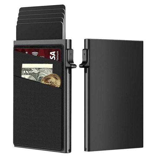 【製品仕様】サイズ:9.7cm*6.3cm*1.2cm、黒1パック、重量: 60g 【耐久性のある素材と薄型デザイン】耐摩耗性アルミニウム合金フレーム+ ABS +ライクラ生地で作られており、落下に強く、変形しにくいです、スリムで持ち運びやすく、ポケットや小さなバッグに入れてもかさばらず、実用性とビジネス性を考慮しています。 【ワンクリックポップアップでカードの取り出しが便利】側面の革新的なスライドバーデザインにより、軽く押すだけでカードを順番に取り出すことができます、カードは遅れなく素早く取り出すことができるので、煩雑に探し回る必要がなくなります、金属フレームがしっかりとサポートされ、カードが誤って落ちたり曲がったりするのを防ぎます。 【RFID盗難防止保護】プロ仕様のRFIDシールド層を内蔵し、13.56MHz周波数帯域信号を効果的に遮断し、銀行カード、IDカード、その他の情報が不正に読み取られるのを防ぎ、個人財産とプライバシーのセキュリティを包括的に保護します。