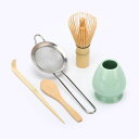 DiDiBirDi抹茶茶せんセット、竹製茶せん(Chasen)、伝統的なスプーン(Chashaku)、ステンレスふるい、茶杓、陶磁器茶立(グリーン)
