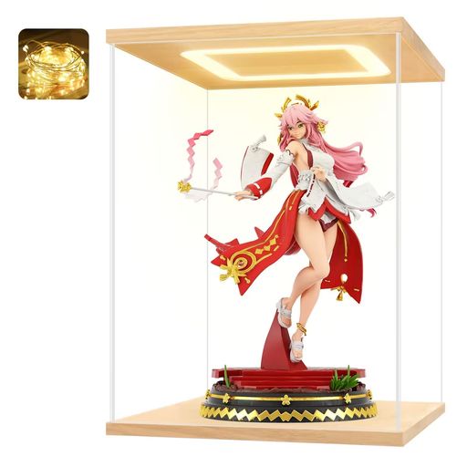 アクリルケース フィギュアケース ディスプレイケース コレクションケース 陳列ケース 人形ケース 透明アクリル プラモデル 壁掛け 飾り用 展示用 (LED+木制 24*24*32CM)
