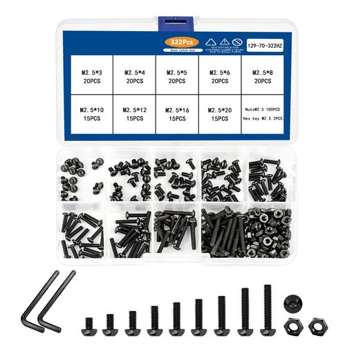 【322本入】六角穴付ボルトセット M2.5 3MM/ 4MM / 5MM/ 6MM/ 8MM/ 10MM/ 12MM/ 16MM/ 20MM/ 炭素鋼スクリューボルト ナットアソートキット(レンチキー付き 収納ケース付き )アレンソケットドライブ