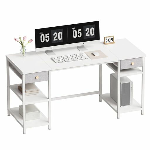 YeTomデスク机pcデスク勉強机ゲーミングデスクパソコンデスク幅140*奥行55cmラック付き引き出し付き収納ラック付き白い