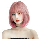 FESHFENウィッグボブショート姫カットフルウィッグかつら姫髪レディーズストレート自然ハロウィン小顔原宿系ぱっつん前髪日常耐熱チェリーピンク