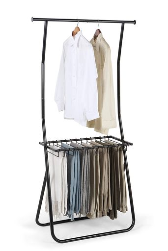 サニーポイントハンガーラックパンツラックズボンハンガー15本付き頑丈2段収納衣類収納組み立て(黒)