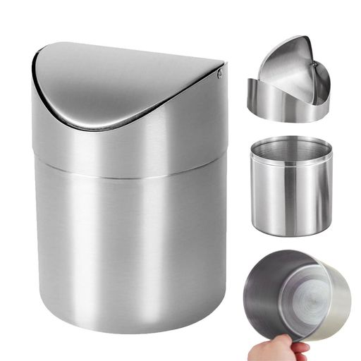 PRUDENCROSEカウンタートップごみ箱 ミニごみ箱 卓上ごみ箱 デスクトップのポータブルターン蓋 小さい金属のステンレス鋼のくず入れの貯蔵の卓上車の台所小型使用くず入れ(ステンレス鋼)