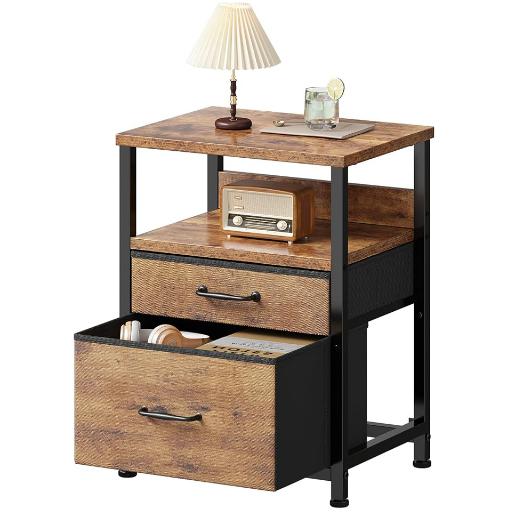 YETOM サイドテーブル 2つ引き出し付き 寝室 ナイトテーブル おしゃれ ミニ サイドチェスト 北欧 洋服 タンス 収納チェスト 3段 ソファ ベッドサイドテーブル 40*29.8*53.5CM ブラウン 天板付き 収納付きテーブル キャビネット