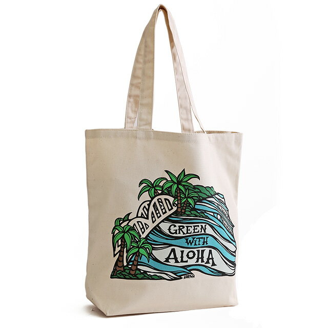 【P5倍】ヘザーブラウン／HEATHER BROWN CANVAS TOTES GREEN WITH ALOHA HALEIWA BRIDGE グリーンウィズアロハ ハレイワブリッジ プリントキャンバストートバッグHB0020MB／HALEIWA BRIDGE