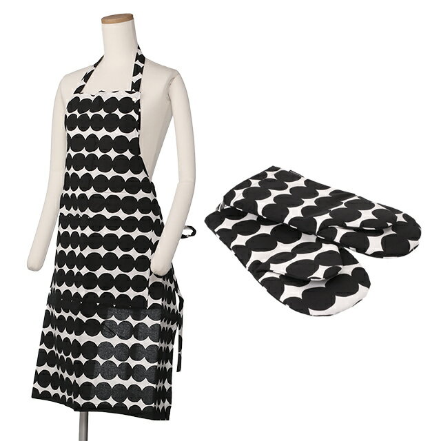 【タイムSALE＆P5倍】マリメッコ／MARIMEKKO "APRON＆MITT"北欧デザイン・ラシイマット・エプロン＆ミトン(鍋つかみ) ・キッチンテキスタイル 2点セット ギフト71708 190／R?SYMATTO・WHITE*BLACK