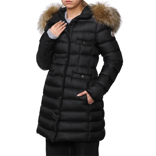 【クーポン5 OFF】モンクレール／MONCLER HIRMA FUR イルマファー ロングダウンジャケット レディース ファー フード付きナイロン ミドル丈ダウンコート(ブラック) 1C00037 595FE 999／BLACK