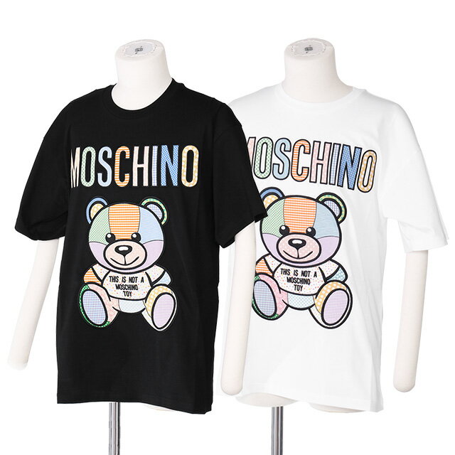 【S/S SALE＆P5倍】モスキーノ／MOSCHINO TEDDY PATCHWORK ”FANTASIA” レディース パッチワーク風ロゴデザイン オーガニックコットン クルーネック 半袖Tシャツ 0707 0441 V2555／NERO BIANCO(ホワイト)