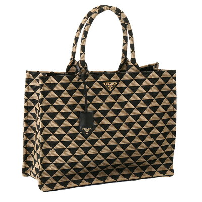 【P5倍】 プラダ/PRADA "プラダ シンボル エンブロイダリーファブリック トートバッグ"幾何学デザインキャンバストートバッグ(ブラック×ブラウン) 2VG099 TRIANGOLO JACQUARED(2FKL)NERO+CORDA