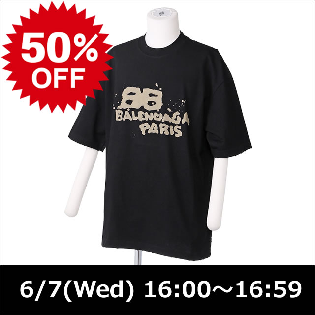 【楽天スーパーSALE】バレンシアガ／BALENCIAGA”HAND DRAWN BB ICON" メンズ ヴィンテージ加工 半袖クルーネックTシャツ ミディアムフィット (ブラック×エクリュ) 612966 TNVN4 1059／BLACK*ECRUのサムネイル