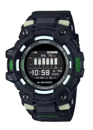 G-SHOCKのスポーツライン「G-SQUAD」から、ナイトシーンでのトレーニングをイメージしたモデルです。 ベゼルとバンドの境界部分に蓄光樹脂を採用しました。 加速度センサーや距離計測機能、スマートフォン連携機能などトレーニングに役立つ機能を搭載。スマートフォンのGPS機能と連携することで計測距離を補正します。 更に走行ペースの計測やオートラップ機能も搭載。また、専用アプリ「G-SHOCK MOVE」で歩数やカロリー消費量のライフログやアクティビティ履歴などの確認もでき、毎日のワークアウトをサポート。 日常の健康管理からランニングの持久力強化まで、幅広く役立つG-SHOCKです。 ケースサイズ（縦×横×厚さ）：58.2 × 49.3 × 17 mm 質量：69 g ケース・ベゼル材質：樹脂 バンド：樹脂バンド 構造：耐衝撃構造（ショックレジスト） 防水性：20気圧防水 使用電源・電池寿命：電池寿命：約2年 センサー機能 トレーニング機能（携帯電話のGPSまたは加速度センサーによる距離、速度、ペースなどを計算して表示）、自動/手動ラップ機能、オートポーズ機能、到達お知らせアラート設定機能（時間、消費カロリー）、トレーニング表示カスタマイズ機能 歩数計測機能（歩数表示範囲：0～99,999歩）、歩数リセット（毎日0時に自動リセット） モバイルリンク機能：モバイルリンク機能（Automatic Connection、対応携帯電話とのBluetooth® 通信による機能連動） アプリ：「G-SHOCK MOVE」対応 アプリ連携機能 自動時刻修正 簡単時計設定 ワールドタイム約300都市 通知機能（電話着信・メール受信・SNS新着・カレンダー通知・リマインダー通知） アクティビティログデータ ライフログデータ スマートフォンのGPSによる距離補正 トレーニングプラン作成 携帯電話探索 ガラス：無機ガラス バンド装着可能サイズ：145～215mm ワールドタイム：ワールドタイム：世界38都市（38タイムゾーン※、サマータイム自動設定機能付き）＋UTC（協定世界時）の時刻表示 ※携帯電話との接続で更新される場合があります。 ストップウオッチ：ストップウオッチ（1秒、100時間計、スプリット付き） タイマー：タイマー：最大5つの時間設定が可能なインターバル計測用のタイマー（セット単位：1秒、最大セット：60分、1秒単位で計測、オートリピート） アラーム：時刻アラーム4本（スヌーズ機能付き） ライト：LEDバックライト（オートライト、スーパーイルミネーター、残照機能、残照時間切替（1.5秒/3秒）付き） ライトカラー：LED：ホワイト カレンダー：フルオートカレンダー 操作音ON/OFF切替機能：操作音ON/OFF切替機能 精度：平均月差：±15秒 ※スマートフォンと連携しない場合は、通常のクオーツ精度（平均月差±15秒）で動作します。 その他機能 12/24時間制表示切替 バイブレーション機能 センサー機能詳細：トレーニングログデータ（最大100走分、ラップデータはそれぞれ最大140本）、計測タイム、距離、ペース、消費カロリー