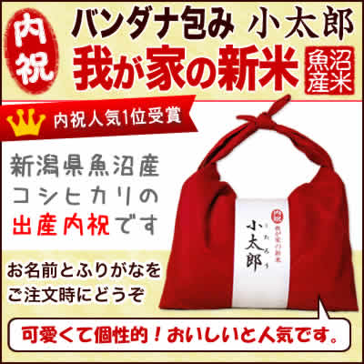出産内祝 魚沼産こしひかり 令和2年産 バンダナ包み〜我が家の新米〜「小太郎」（300g×2袋入）
