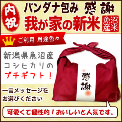 出産内祝 魚沼産こしひかり 令和2年産バンダナ包みプチギフト〜我が家の新米〜「感謝」お祝いやお礼の贈り物は魚沼産コシヒカリ（300g×2袋入）【8個以上まとめて購入で送料無料(北海道、九州、沖縄除く)】