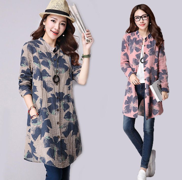 シャツ ブラウス ロングシャツ 麻 リネン トップス 花柄 ノーカラー ゆったり レトロ カジュアル おしゃれ 大人 上品 30代 40代 ブルー..