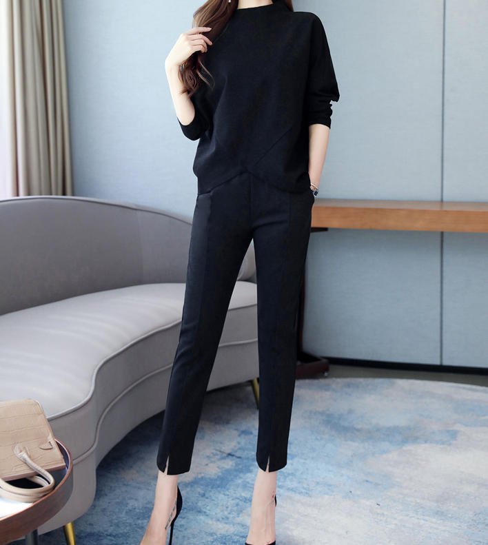 セットアップ カジュアル おしゃれ 大きいサイズ 春 ロングパンツ ハイウエスト ゆったり 大人 上品 カジュアル シンプル 30代 40代 50代 ブラック BY-404