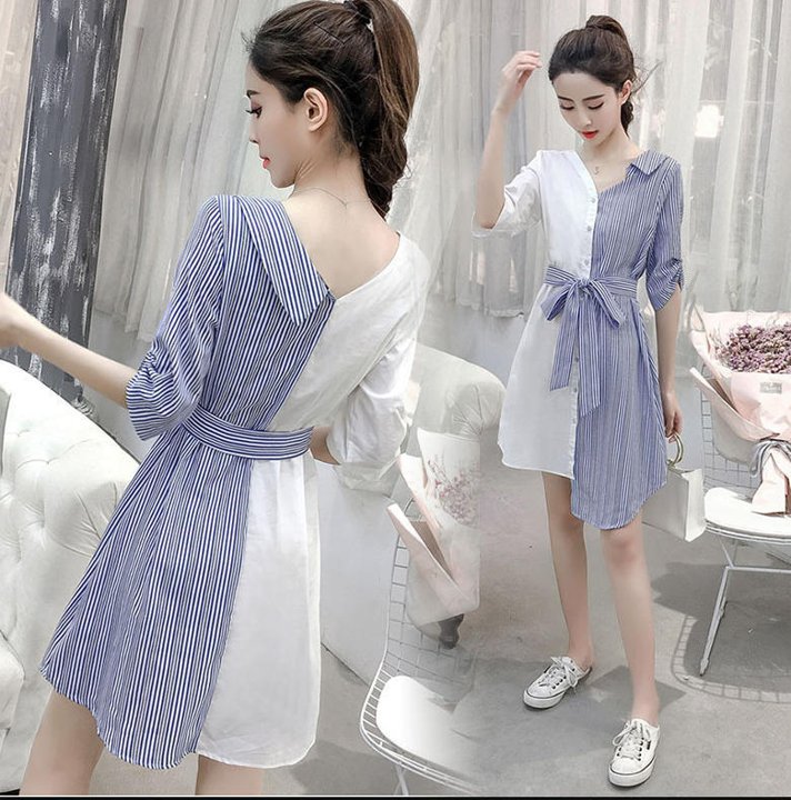 シャツワンピ—ス 春 長袖 膝丈 バイカラー ウエストリボン ストライプ 体型カバー ゆったり 大人 きれいめ カジュアル ベーシック シンプル 30代 40代 ブルー ホワイト OP-025R