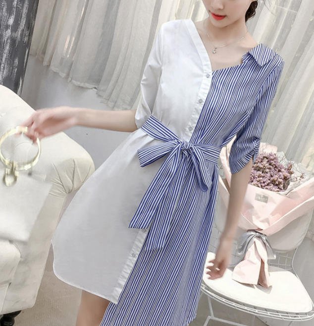 シャツワンピ—ス 春 長袖 膝丈 バイカラー ウエストリボン ストライプ 体型カバー ゆったり 大人 きれいめ カジュアル ベーシック シンプル 30代 40代 ブルー ホワイト OP-025R