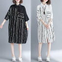 シャツワンピ—ス 春 長袖 大きいサイズ 膝丈 ストライプ 体型カバー ゆったり 大人 きれいめ カジュアル ベーシック シンプル 30代 40代 ホワイト ブラック OP-029R|詳細画像