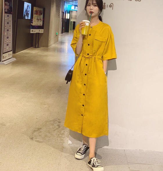 シャツワンピ—ス 春 ロング 長袖 大きいサイズ リボン 体型カバー ゆったり 大人 きれいめ カジュアル ベーシック リゾート シンプル 30代 40代 イエロー OP-060R