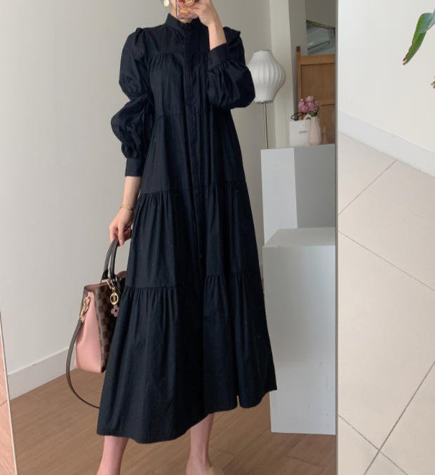 ワンピース きれいめ 長袖 フレア ゆったり 無地 カジュアル シンプル 大人 上品 30代 40代 ブラック ホワイト OP-109B