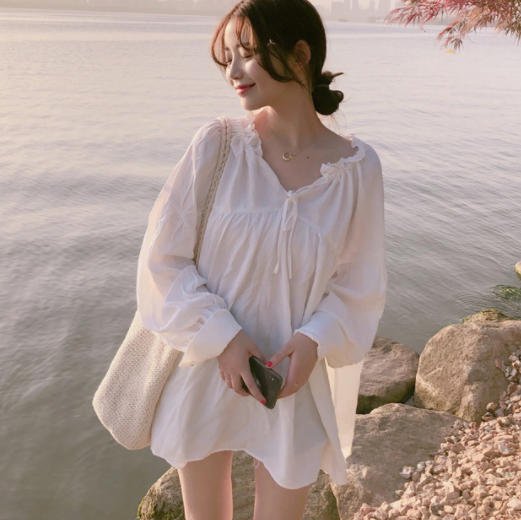 チュニック トップス 長袖 ゆったり 体型カバー 無地 シンプル カジュアル 大人 リゾート 30代 40代 ホワイト TP-032B