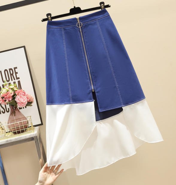 フレアスカート 膝丈 ハイウエスト Aライン アシンメトリー 大きいサイズ カジュアル シンプル 大人 きれいめ 30代 40代 ブルー K-032R