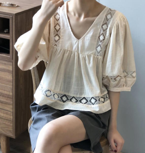 ブラウストップスパフスリーブカジュ...