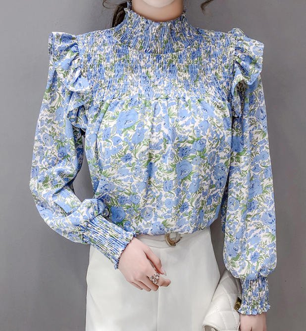 ブラウス シャツ トップス 大きいサイズ 長袖 花柄 ハイネック きれいめ 上品 大人 可愛い 30代 40代 ブルー ピンク TP-112R