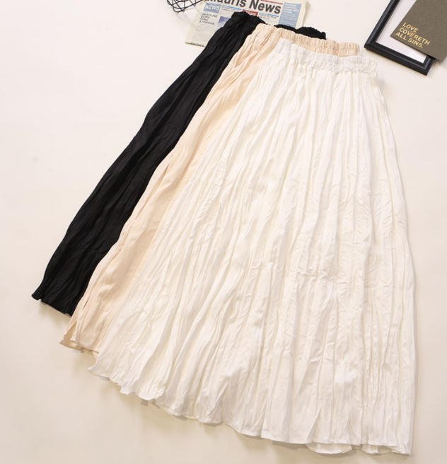 フレアスカート ロング ハイウエスト しわ加工 無地 Aライン きれいめ 大人 シンプル ベーシック 30代 40代 ホワイト ベージュ ブラック SK-037