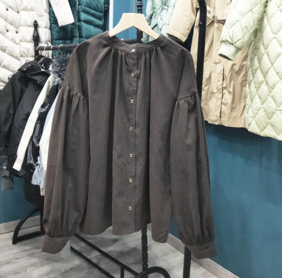 ブラウス 長袖 トップス ノーカラー 無地 シンプル 大人 カジュアル 30代 40代 ブラウン ブルー TP-162