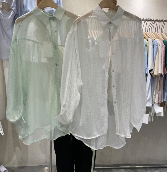 シアーシャツ トップス シースルー 透け感 ゆったり カジュアル シンプル 大人 きれいめ 30代 40代 ホワイト グリーン イエロー ピンク グレー TP-243R