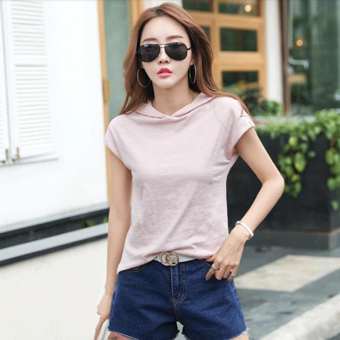 コットン Tシャツ フード付 フレンチ袖 Vネック 無地 韓国トレンド 大きめサイズ L XL 2XL 3XL 大人カジュアル シンプル ベーシック 春夏 ピンク ホワイト パープル ブルーグレー ブラック 全5色 通勤 通学 レジャー