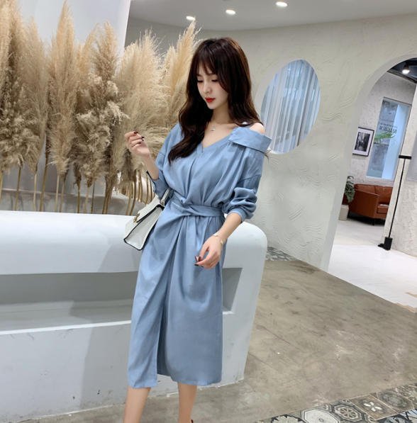 ワンピース きれいめ 膝丈 長袖 オフショルダー ハイウエスト リボン セクシー シンプル 大人 可愛い ベーシック 30代 40代 ブルー OP-265R
