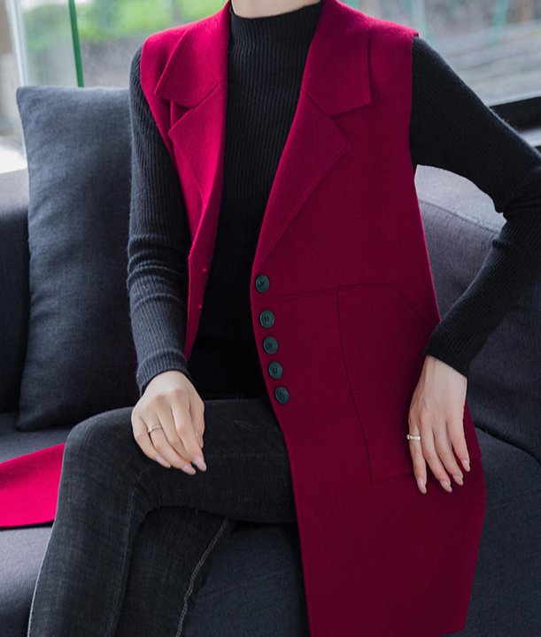 ジレ コート ロングジレ ロングベスト レディース トレンチベスト ノーカラー アウター 大きいサイズ ロング丈 秋冬 カジュアル エレガント シンプル 通勤 30代 40代 レッド パープル ブラウン ブラック OU-086Rのサムネイル